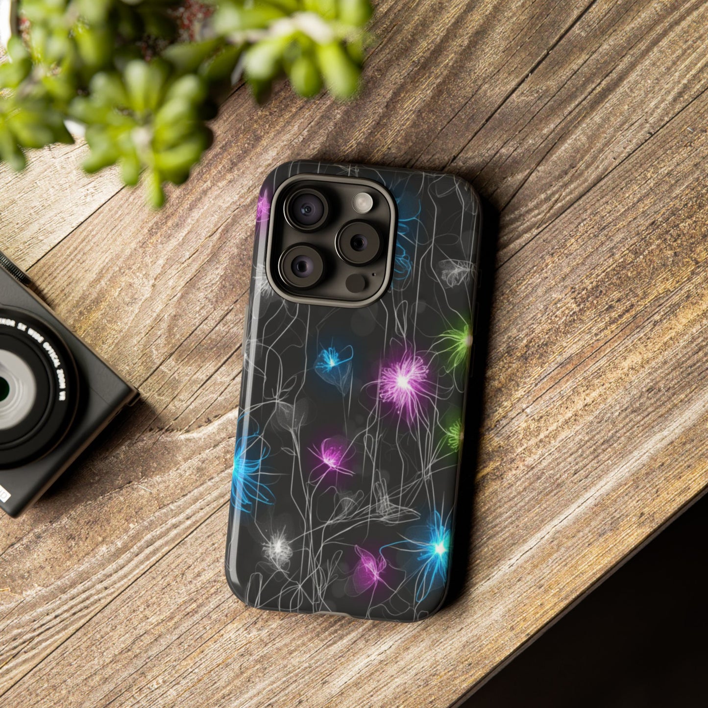 Neon Floral Tough Phone Case — Glow Flower Protective iPhone Cover