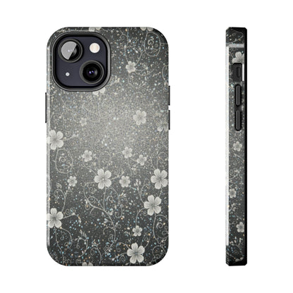 Floral Sparkle Tough Phone Case — Black & Silver Vintage Blossom
