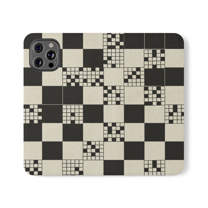 Checkerboard Flip Phone Case – Retro Black & Cream Geometric Wallet Case