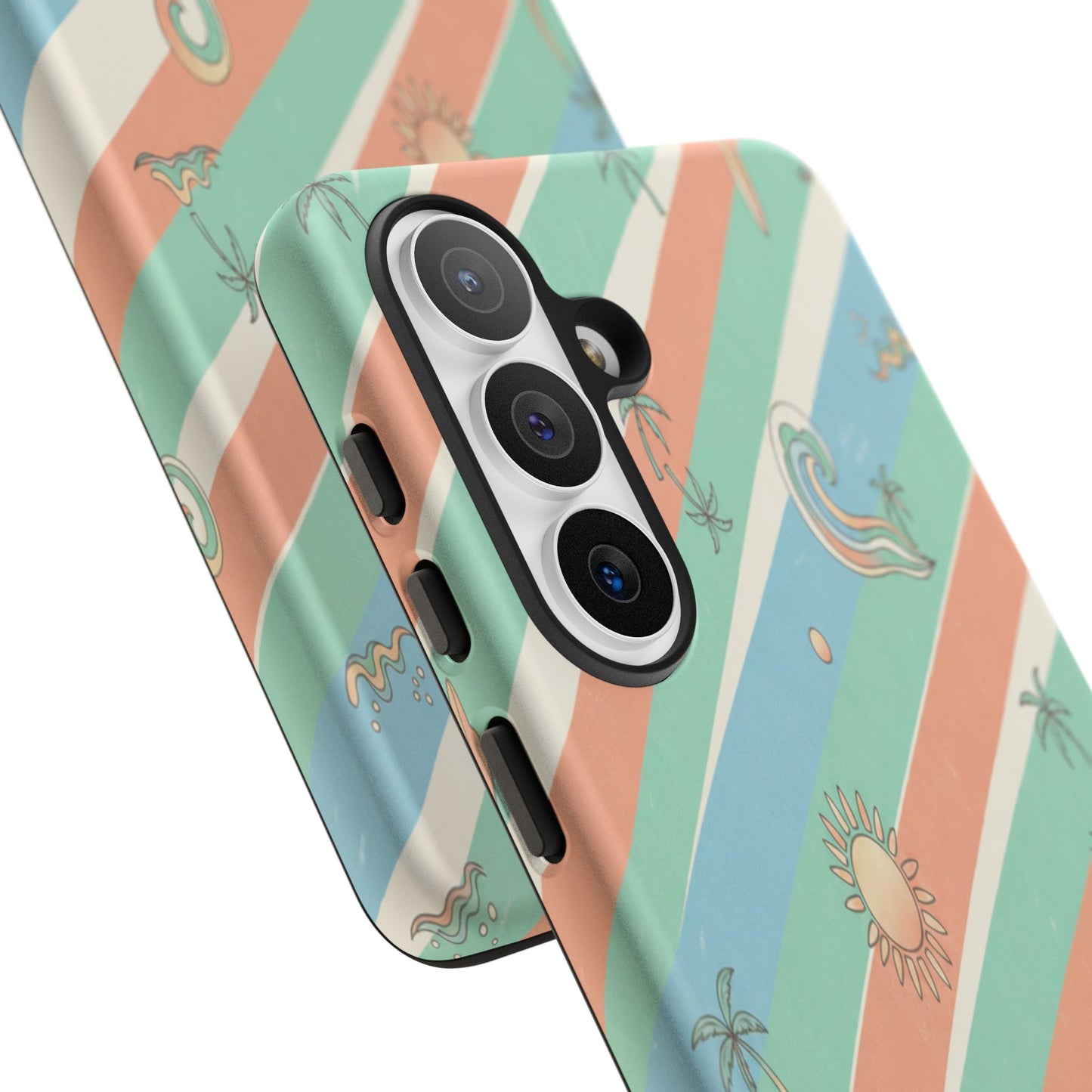 Retro Beach Stripes Phone Case — Sun, Waves & Palm Pattern Tough Case