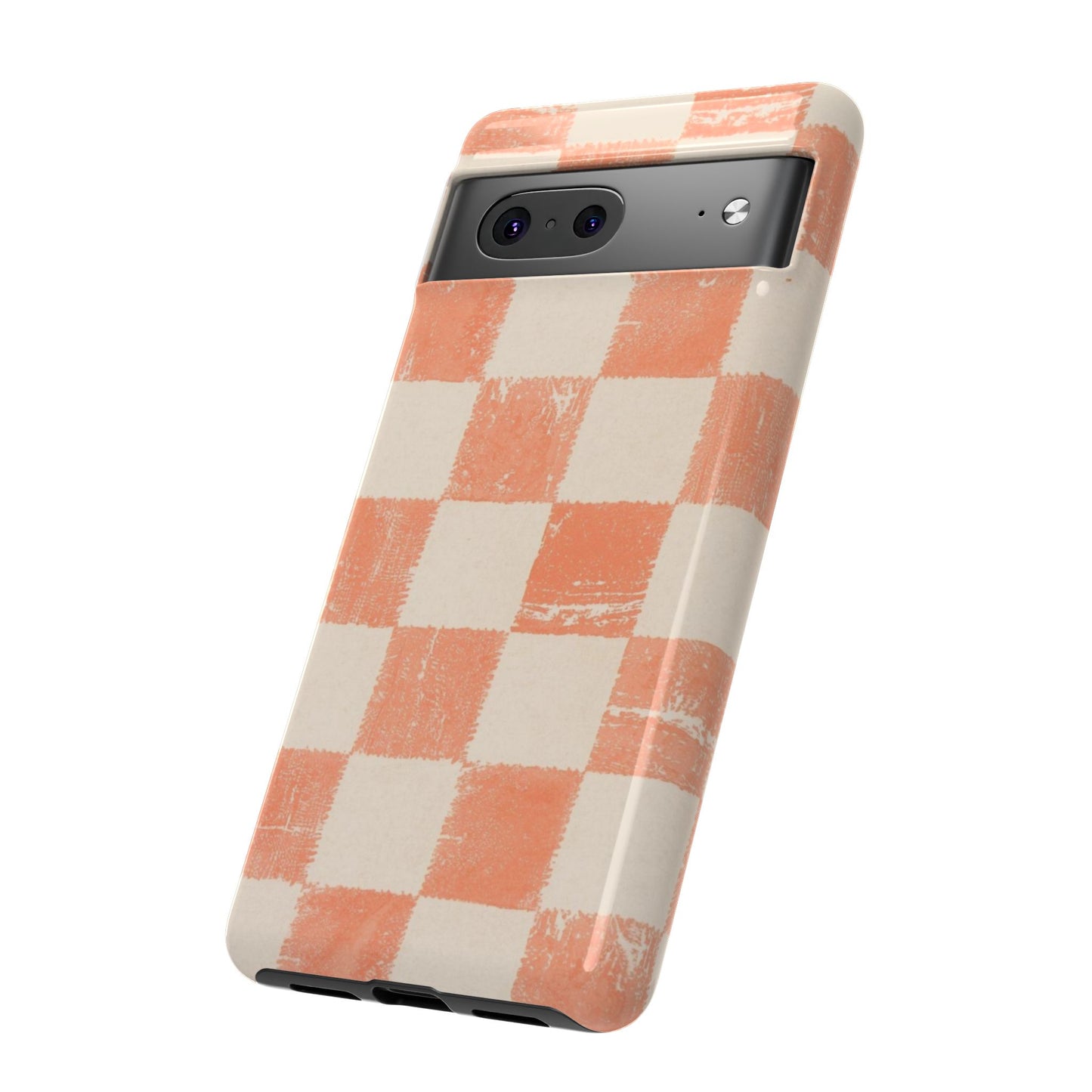 Peach Checkerboard Tough Phone Case — Retro Distressed Grid Design