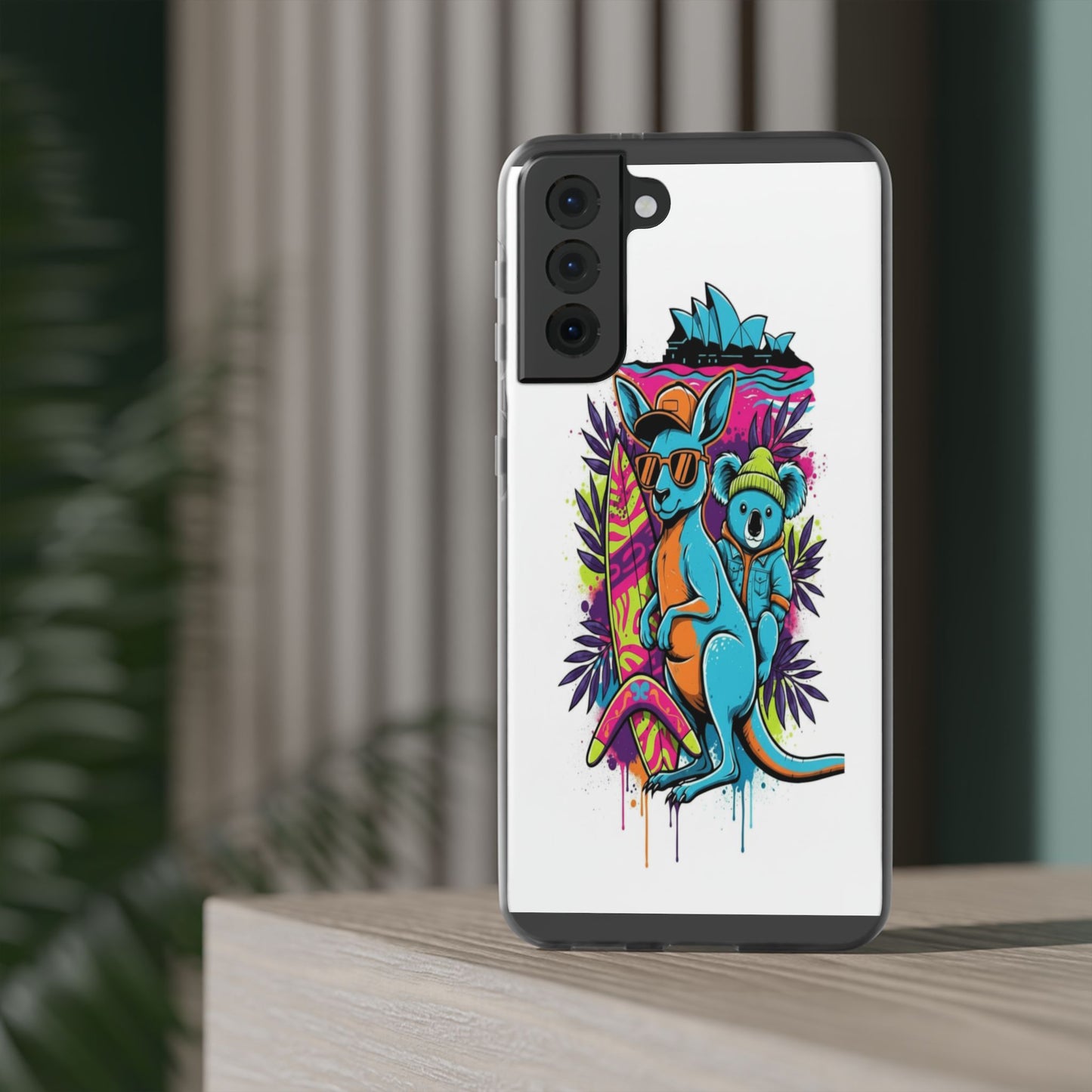 Kangaroo & Koala Surf Phone Case — Neon Aussie Beach Vibes Flexible Case