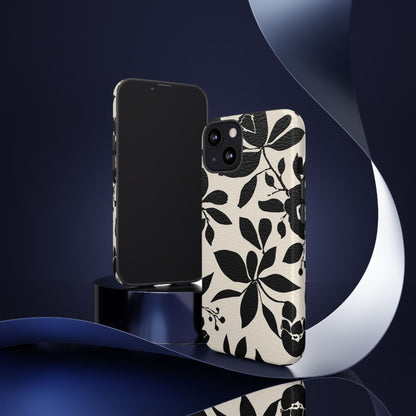 Black Floral Pattern Phone Case — Monochrome Botanical Tough Case
