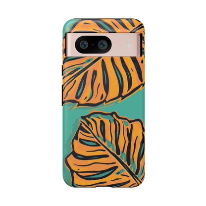 Tropical Leaf Tough Phone Case — Orange Monstera Design on Teal