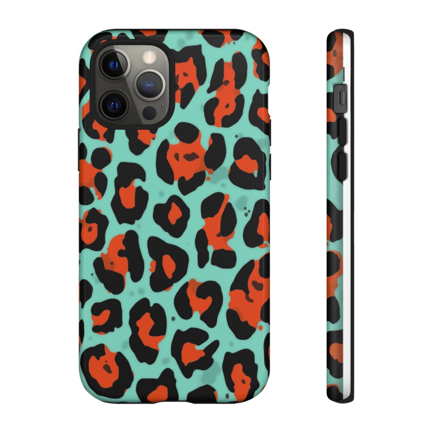 Leopard Print Tough Phone Case — Teal & Rust Protective iPhone Cover