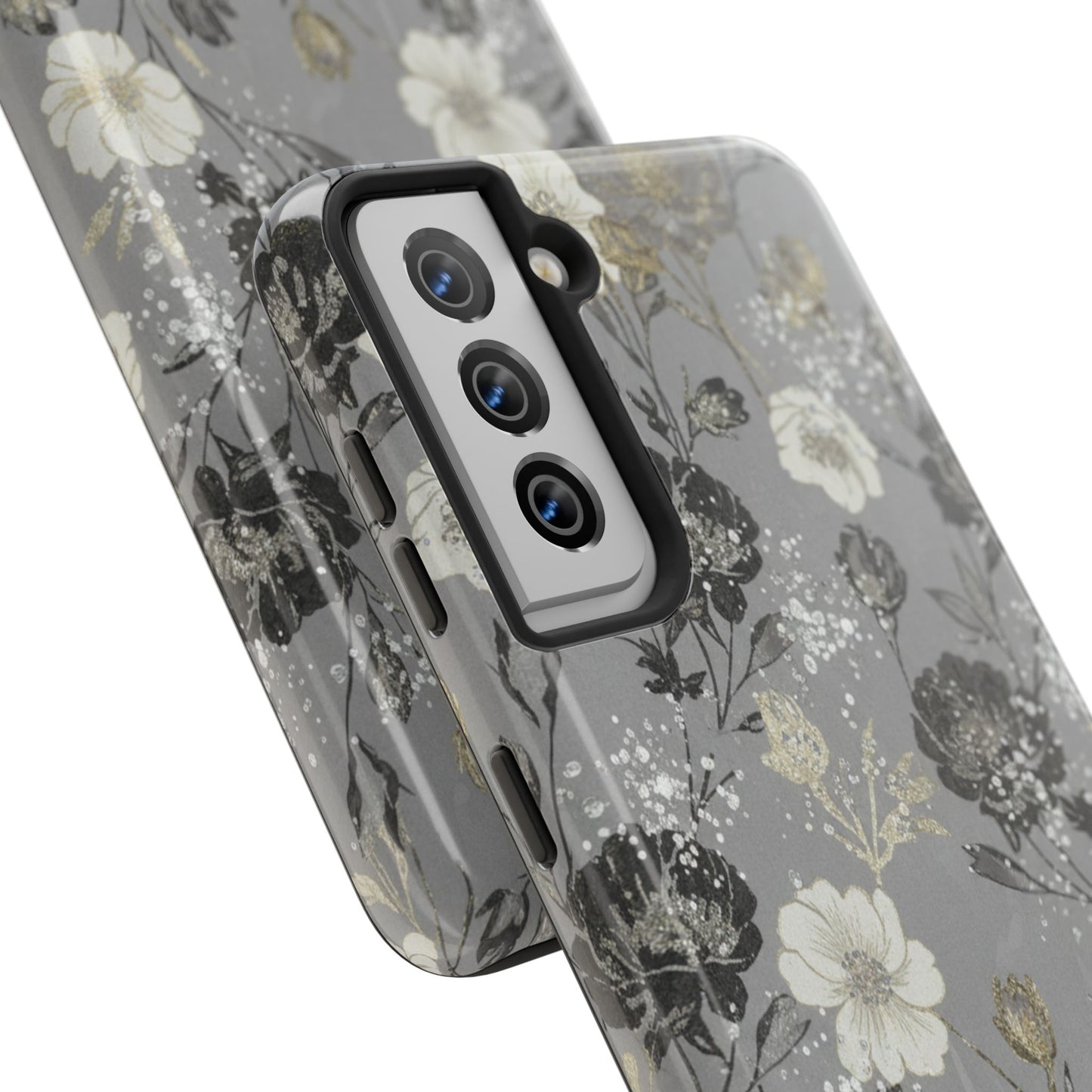 Floral Gray Tough Phone Case — Elegant Protective Phone Cover with Gold Accent