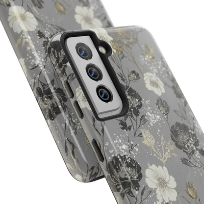 Floral Gray Tough Phone Case — Elegant Protective Phone Cover with Gold Accent