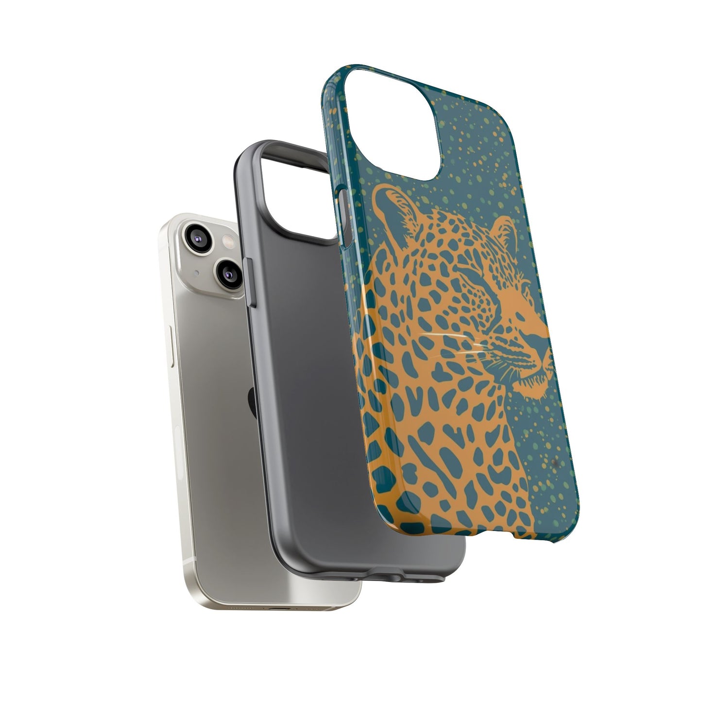 Leopard Print Tough Phone Case — Gold Panther on Teal, Protective iPhone Cover