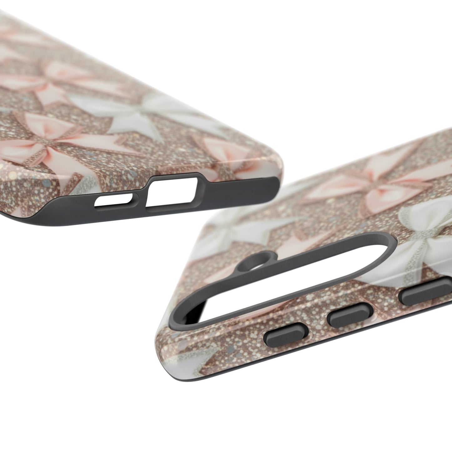 Glitter Bow Tough Phone Case — Pink & White Ribbon Protective Cover