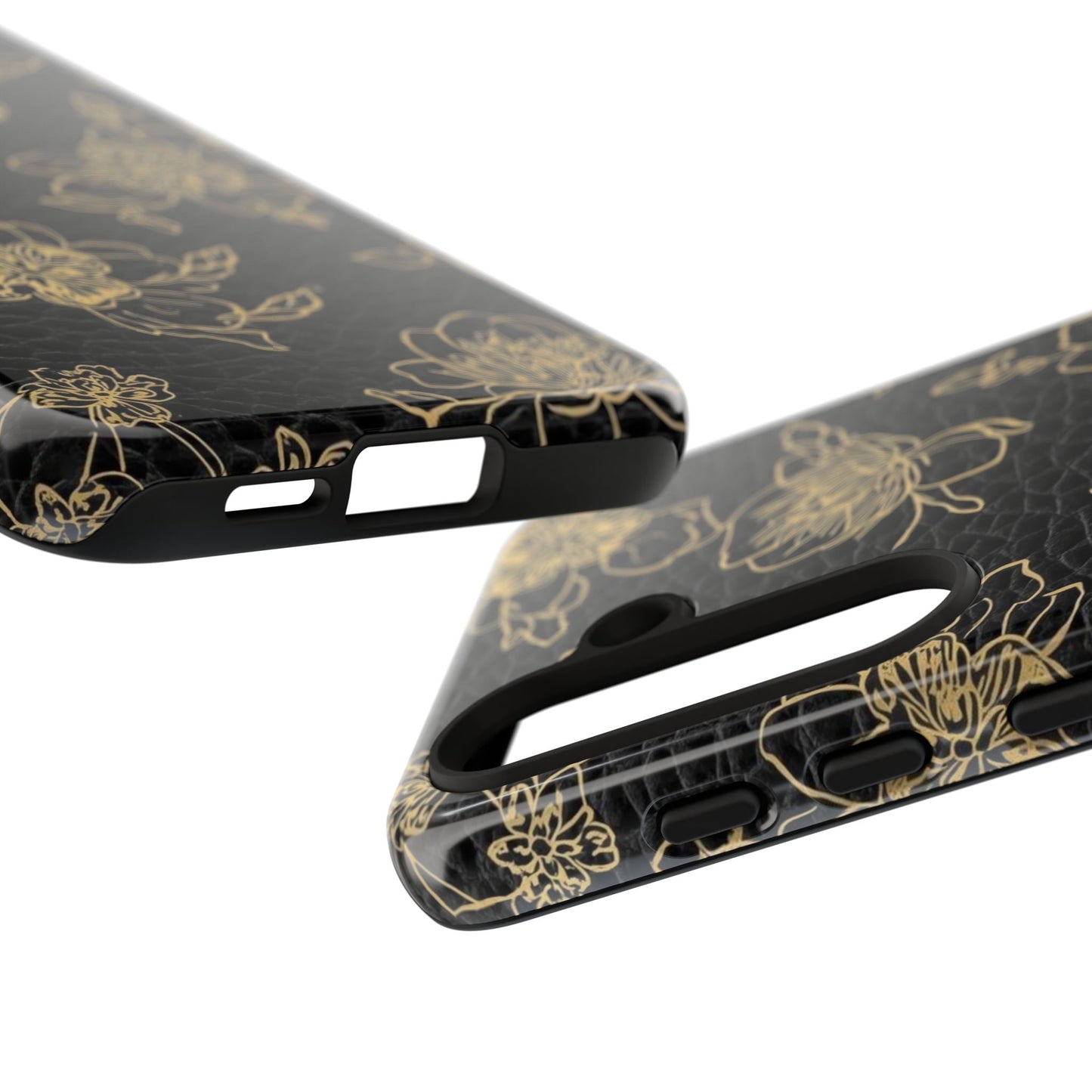 Floral Leather Phone Case — Gold Outline Flowers on Black Tough Case