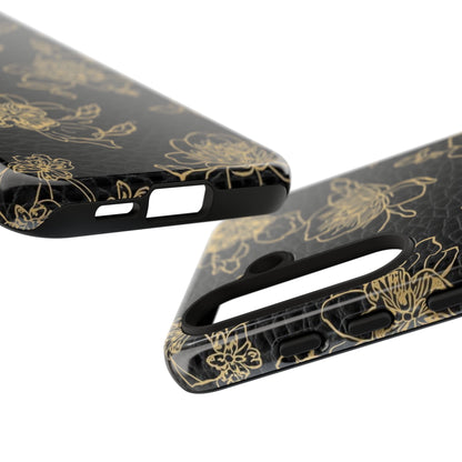 Floral Leather Phone Case — Gold Outline Flowers on Black Tough Case