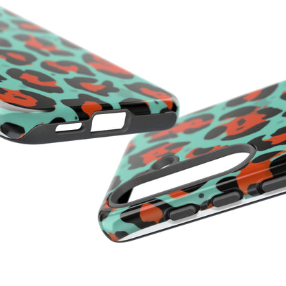 Leopard Print Tough Phone Case — Teal & Rust Protective iPhone Cover