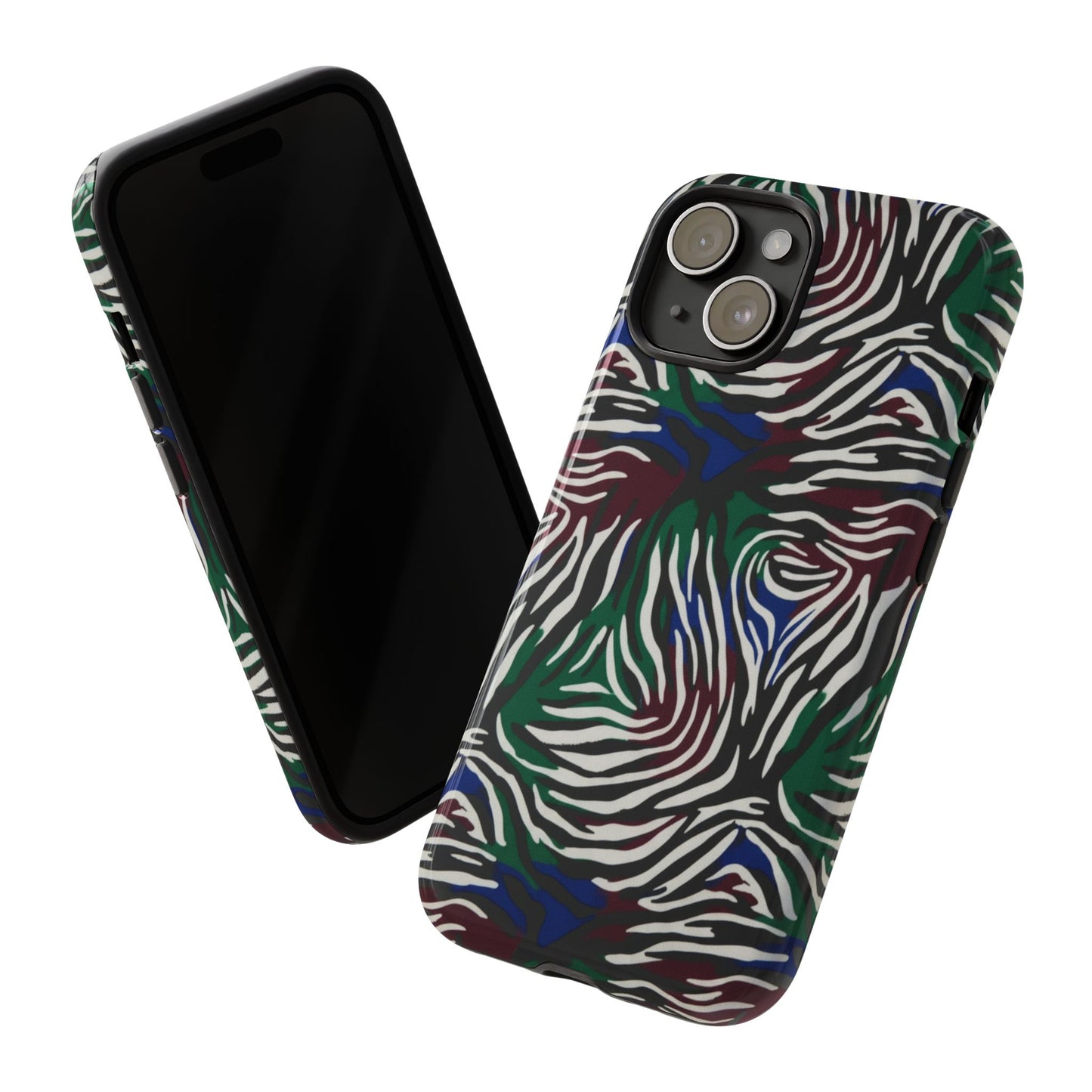Zebra Camo Tough Phone Case – Green & Blue Animal Print Protective Cover