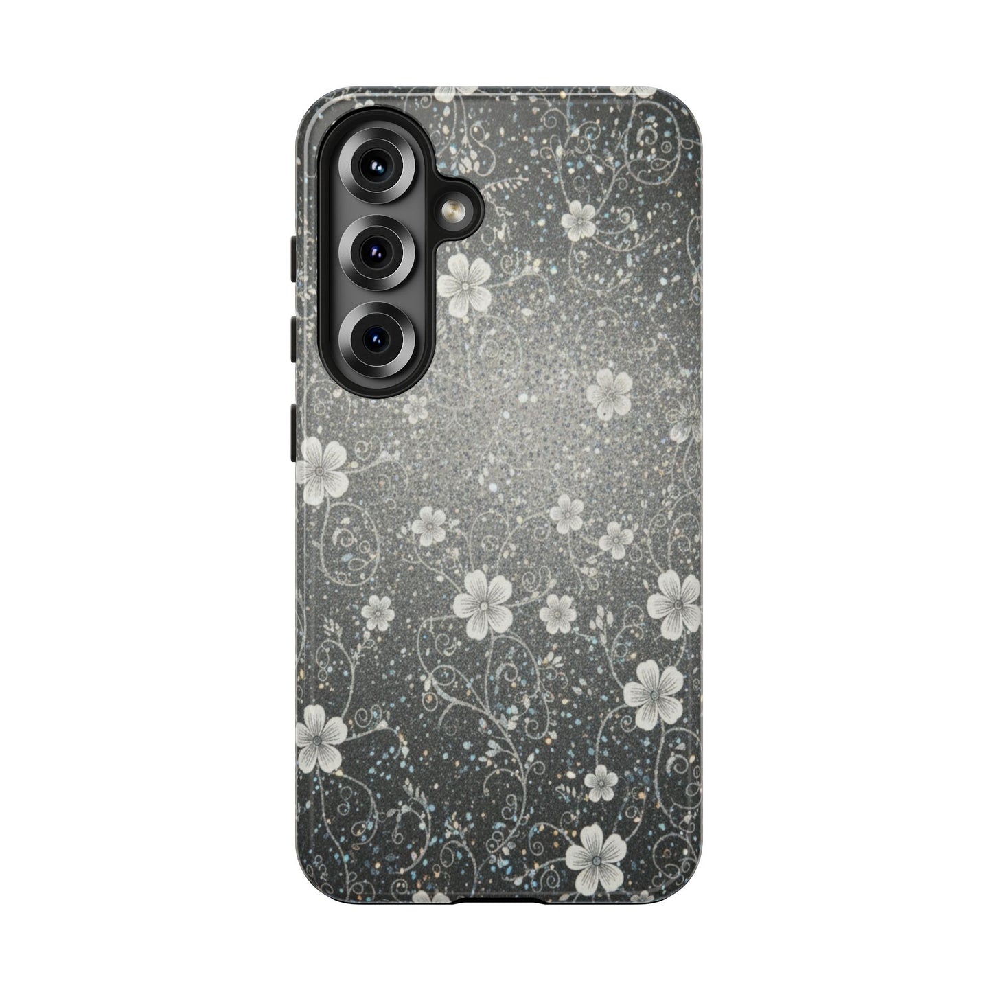 Floral Sparkle Tough Phone Case — Black & Silver Vintage Blossom