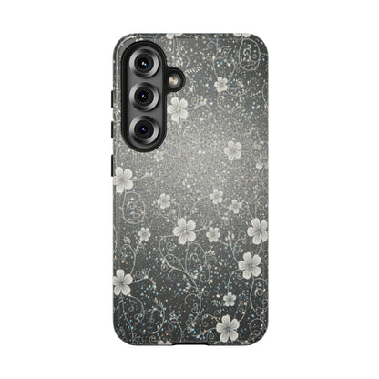 Floral Sparkle Tough Phone Case — Black & Silver Vintage Blossom