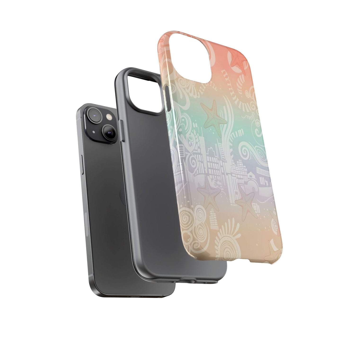 Tough Cases: Pastel Beach Pattern Phone Case — Starfish & Coastal Cityscape Protective Cover