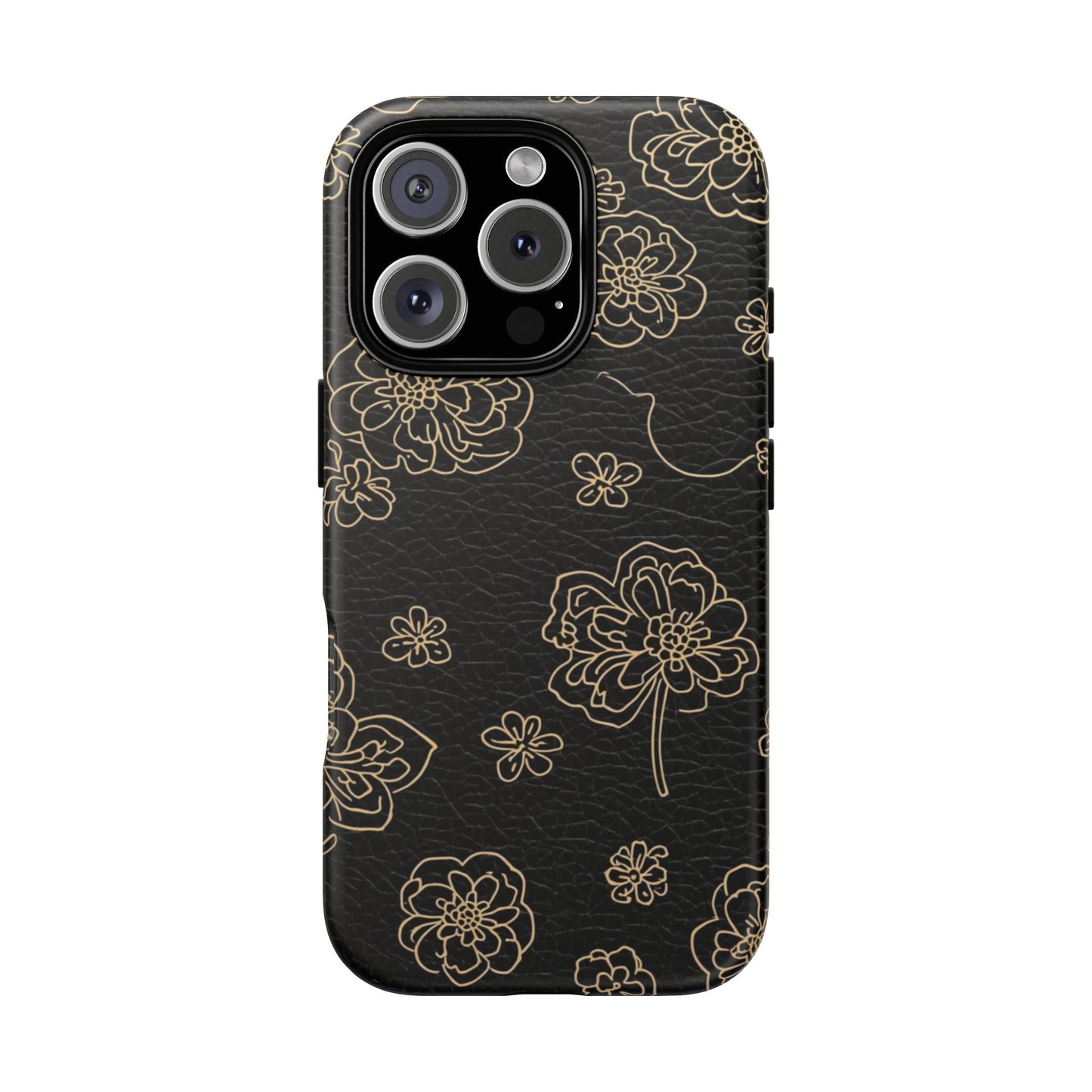 Floral Leather-Texture Tough Case – Black Gold Outline Phone Cover