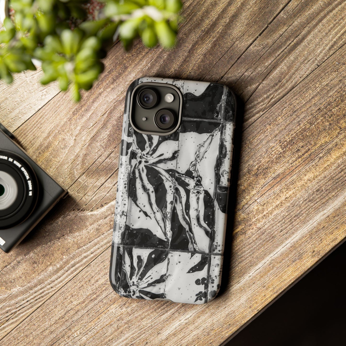 Monochrome Tile Floral Tough Phone Case