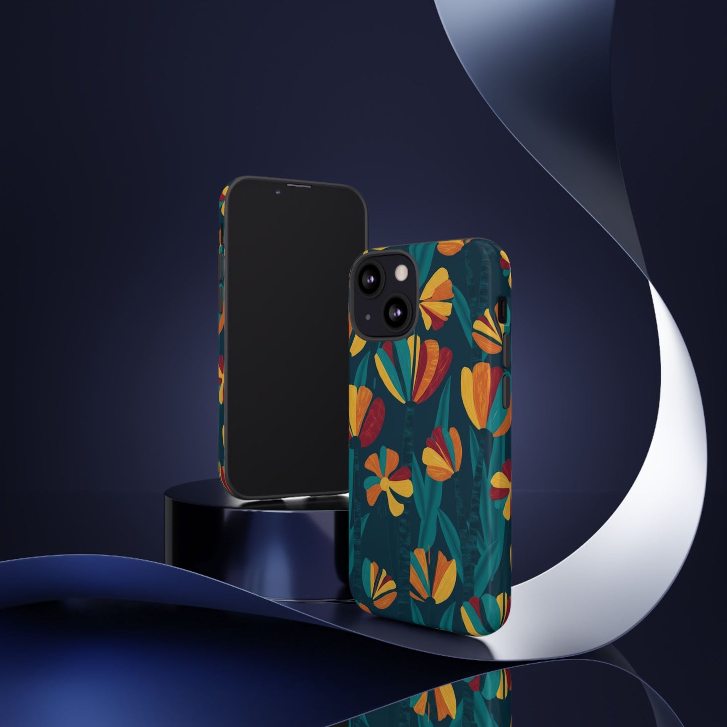 Floral Retro Teal Tough Phone Case — Vibrant Orange & Mustard Blooms