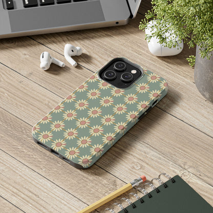 Daisy Pattern Tough Phone Case — Retro Floral Protective Cover