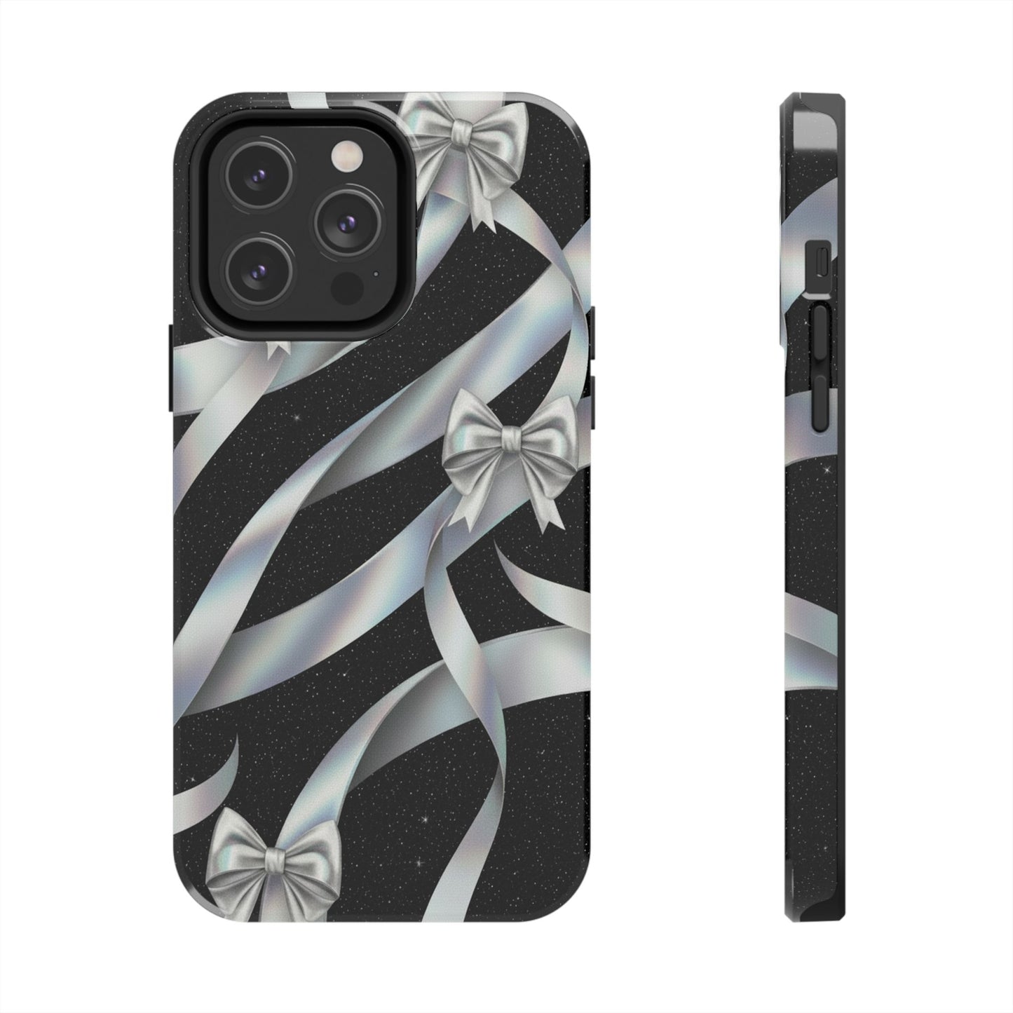 Silver Ribbon Bow Tough Phone Case — Glitter Black Protective Phone Case