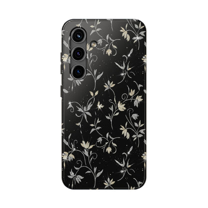 Floral Noir Tough Phone Case — Vintage Black Botanical Protective Cover