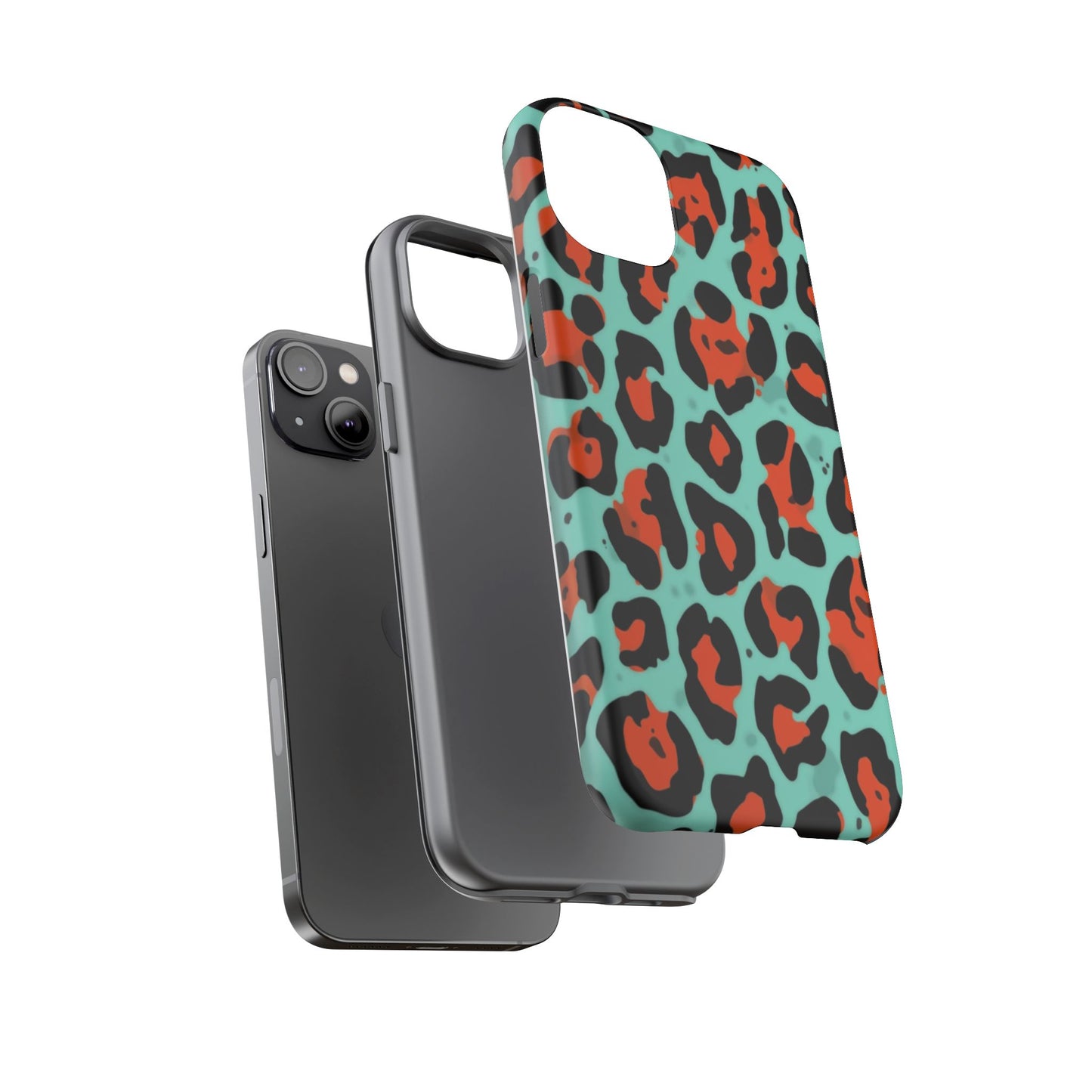 Leopard Print Tough Phone Case — Teal & Rust Protective iPhone Cover