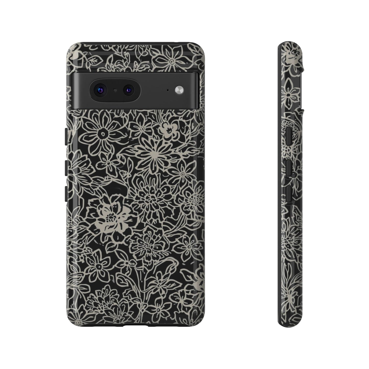 Floral Doodle Tough Phone Case — Black & White Sketch Flower Protective Cover
