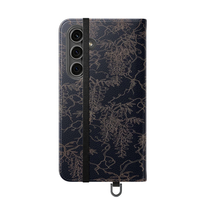 Botanical Noir Flip Phone Case — Dark Floral Wallet Cover with Card Slots