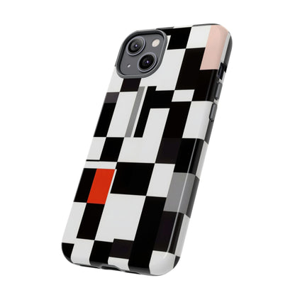 Abstract Geometric Phone Case – Black & White Checker Grid with Red Accent