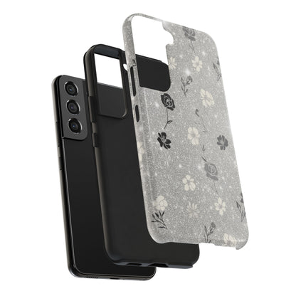 Floral Glitter Tough Phone Case — Black & Silver Vintage Flower Protective Cover