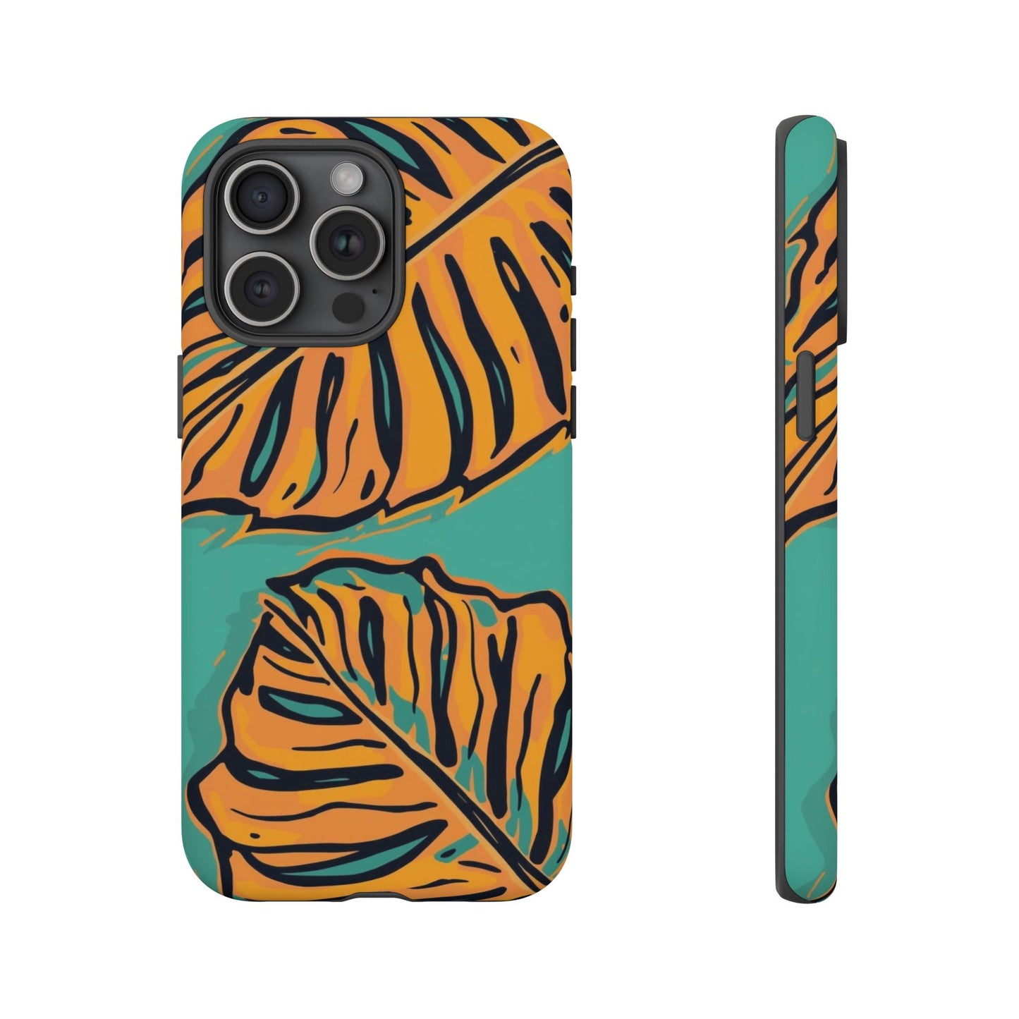 Tropical Leaf Tough Phone Case — Orange Monstera Design on Teal