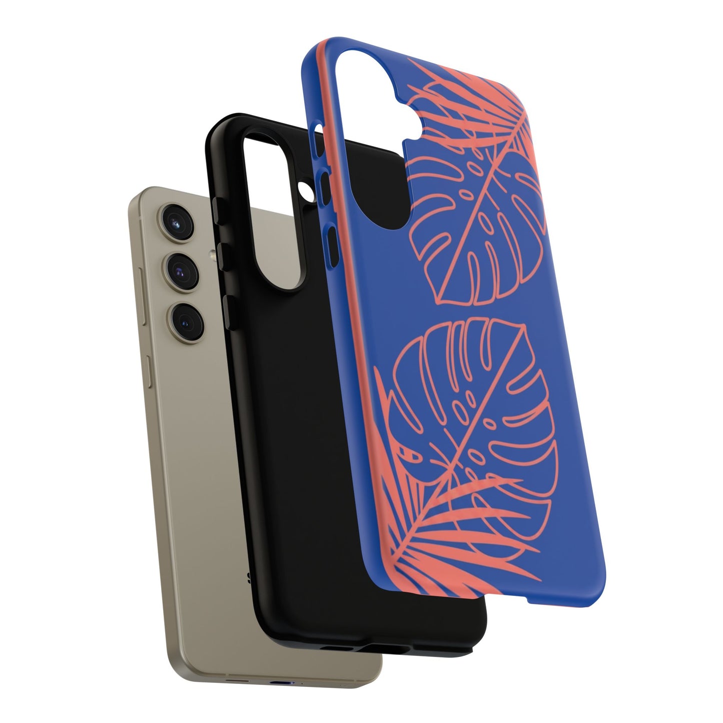Tropical Monstera Phone Case — Blue & Coral Leaf Protective Cover