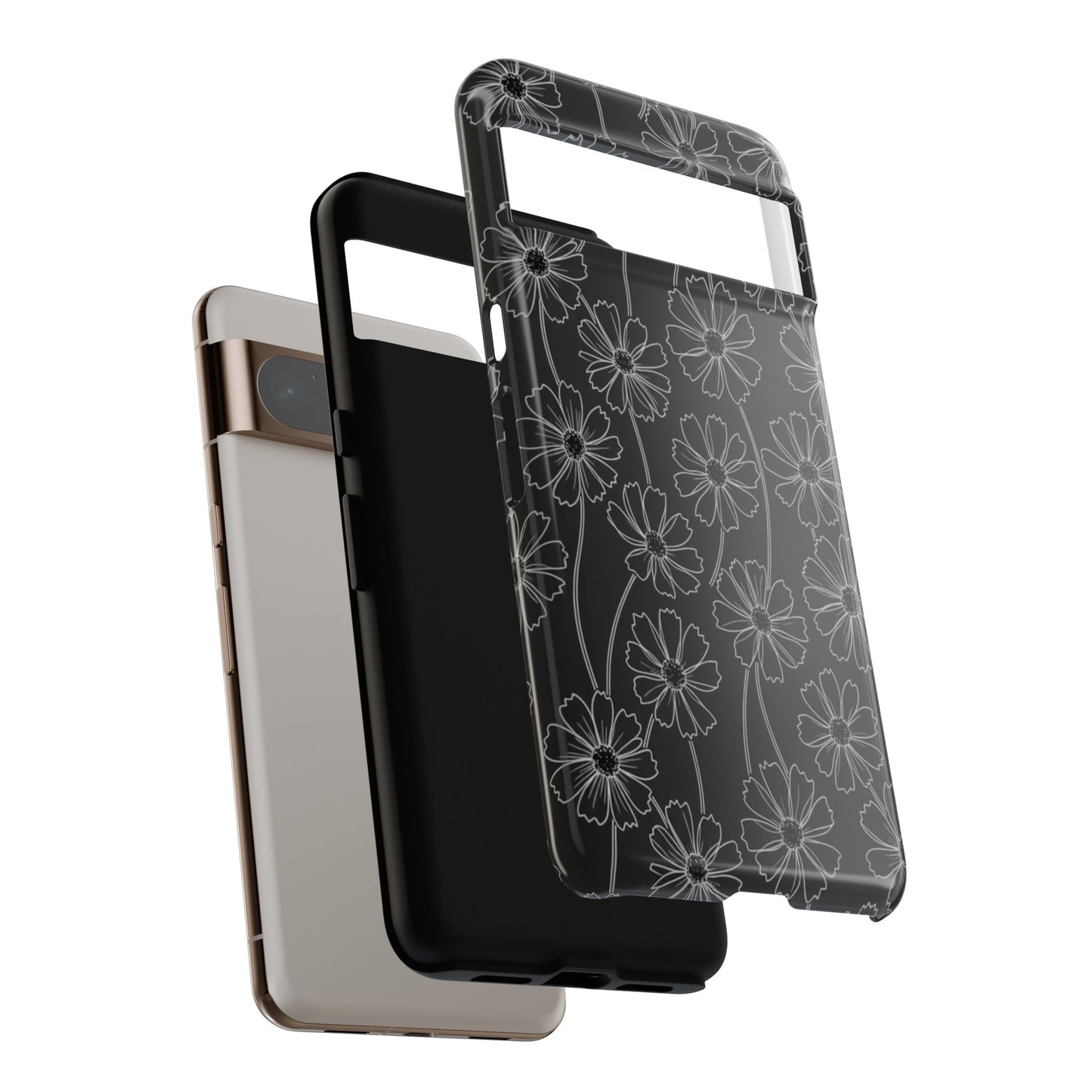 Floral Doodle Tough Phone Case — Black & Gray Daisy Pattern