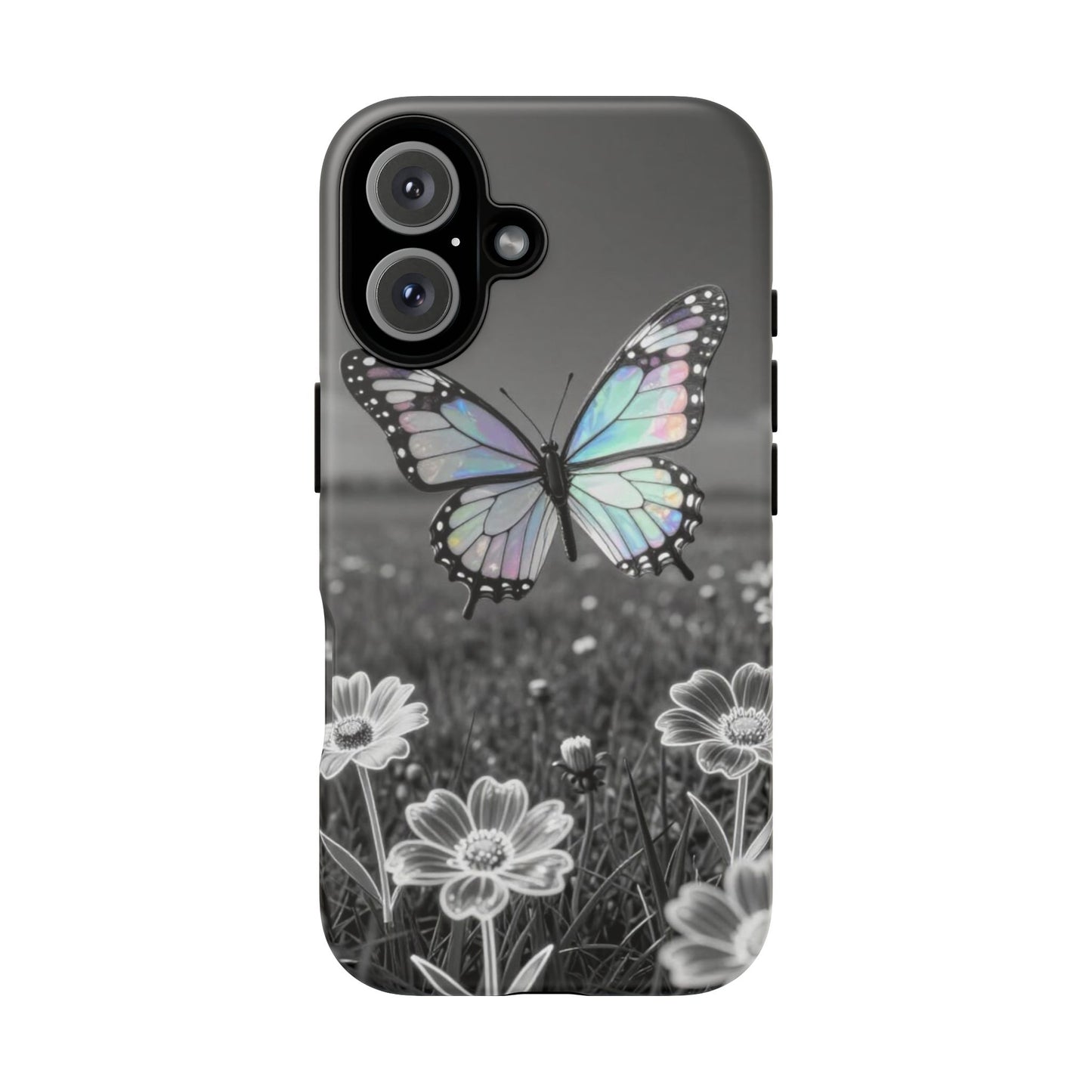 Butterfly Field Tough Phone Case — Pastel Holographic Butterfly on Black & White Floral Background