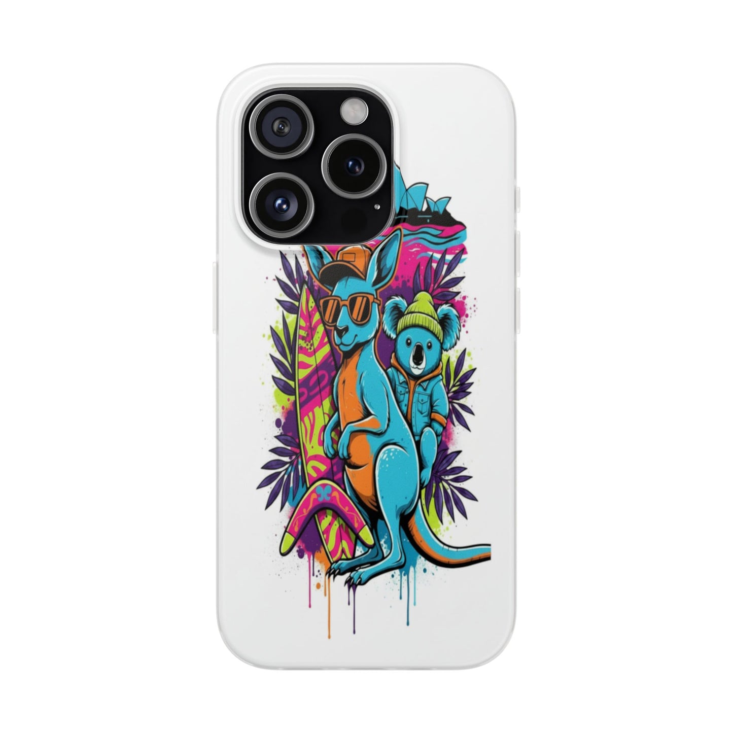 Kangaroo & Koala Surf Phone Case — Neon Aussie Beach Vibes Flexible Case