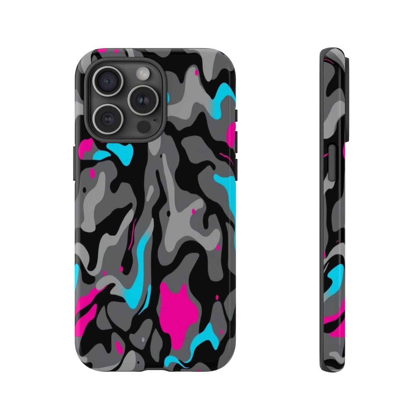 Camouflage Phone Case — Gray Camo with Neon Pink & Cyan Accent Tough Protective Cover