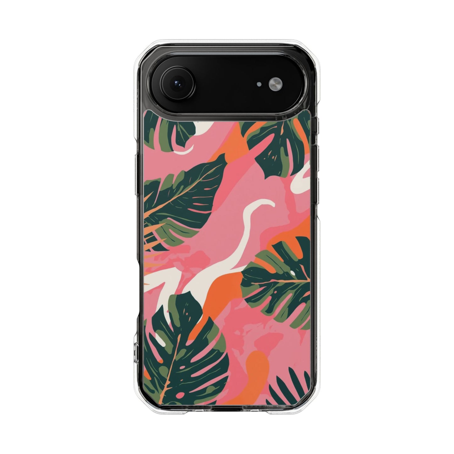 Clear Magnetic Phone Case — Tropical Pink Monstera Design