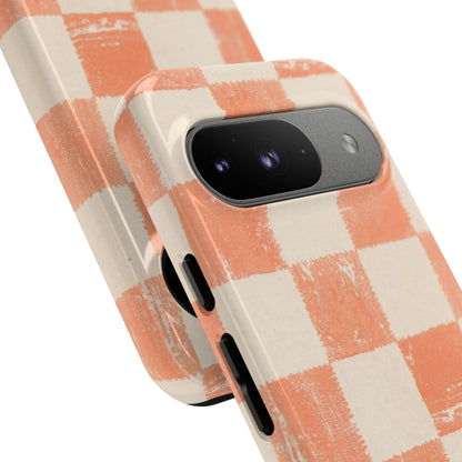 Peach Checkerboard Tough Phone Case — Retro Distressed Grid Design