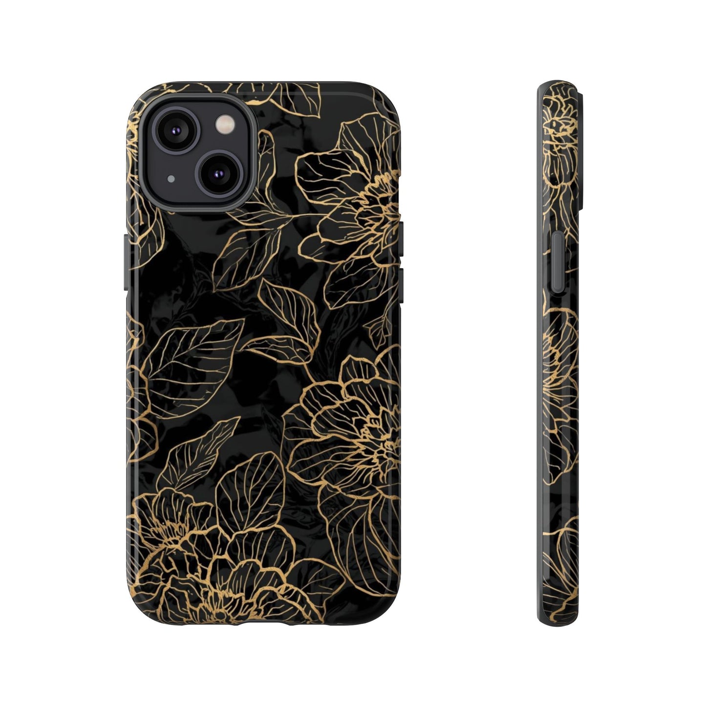Floral Gold Outline Tough Phone Case – Black Botanical Protective Cover