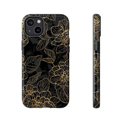 Floral Gold Outline Tough Phone Case – Black Botanical Protective Cover