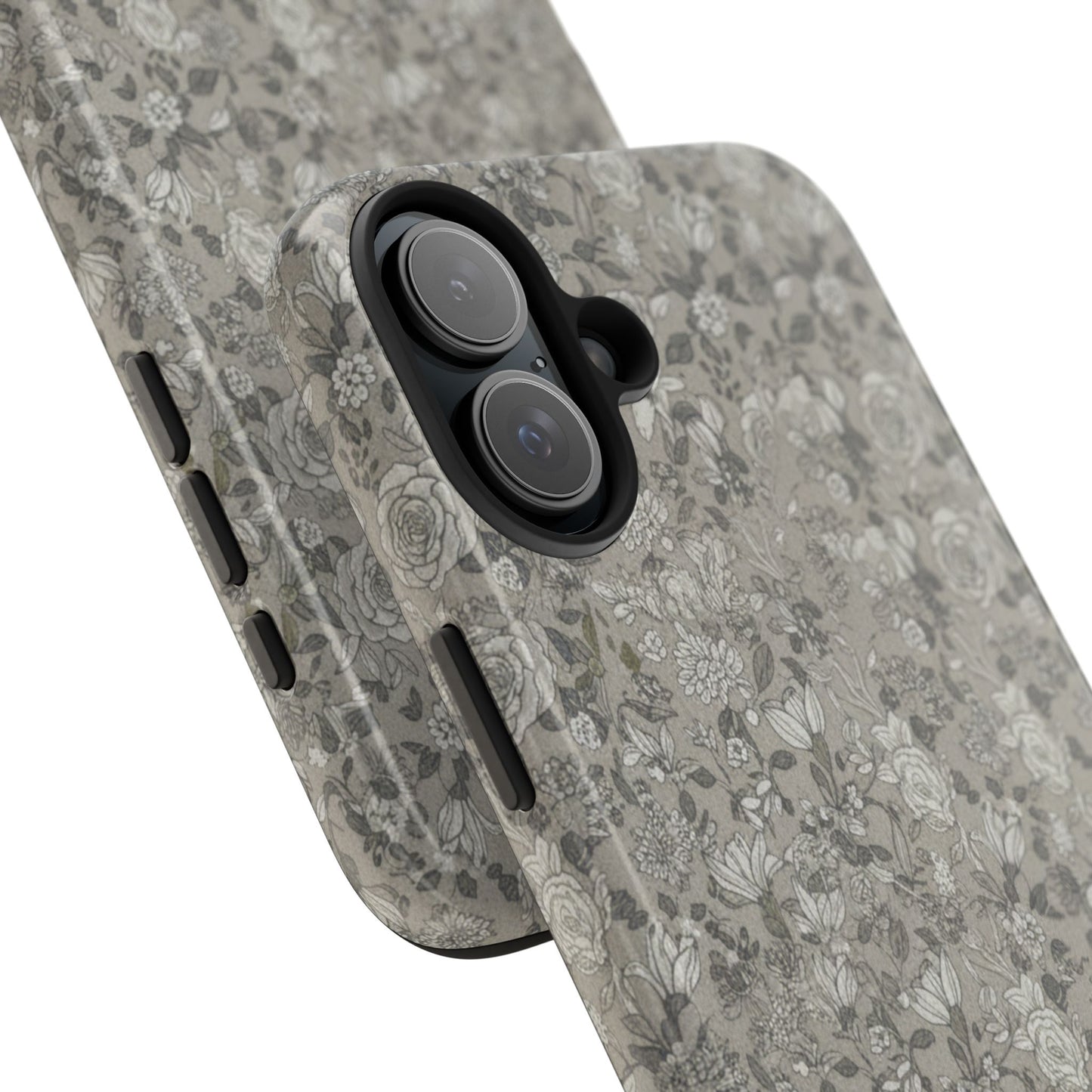 Gray Floral Tough Phone Case — Durable Protective Phone Cover with Vintage Botanical Pattern