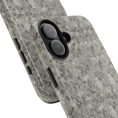 Gray Floral Tough Phone Case — Durable Protective Phone Cover with Vintage Botanical Pattern