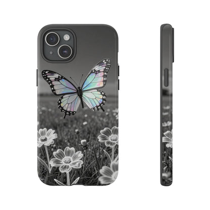 Butterfly Field Tough Phone Case — Pastel Holographic Butterfly on Black & White Floral Background