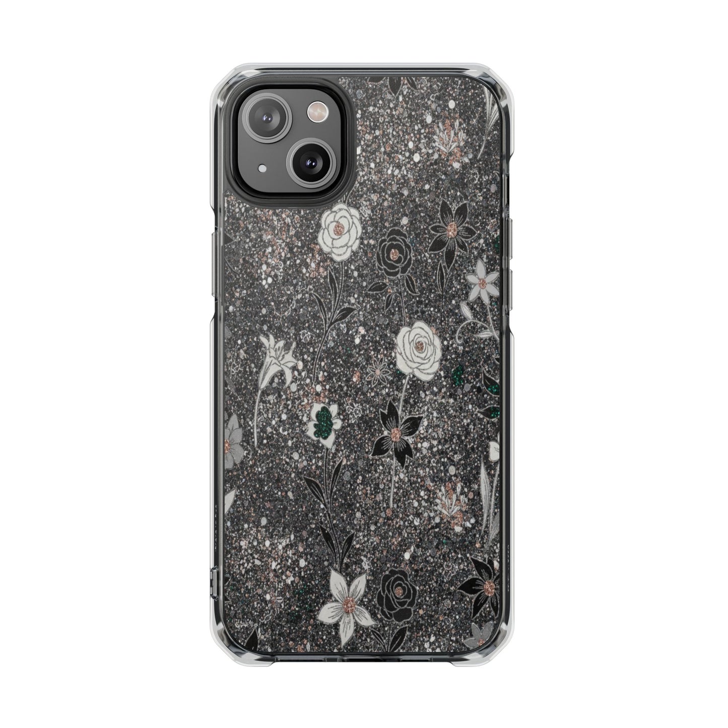 Clear Floral Glitter Magnetic Phone Case — Protective Impact Case with Rose & Daisy Design
