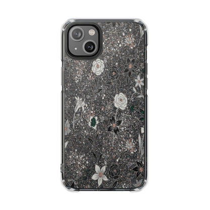 Clear Floral Glitter Magnetic Phone Case — Protective Impact Case with Rose & Daisy Design