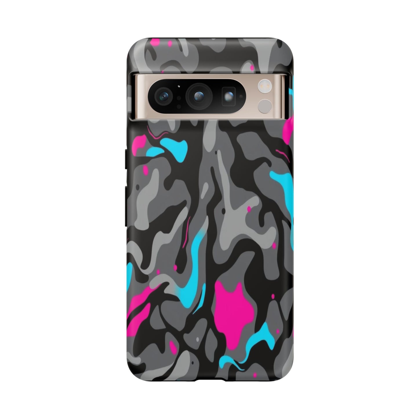 Camouflage Phone Case — Gray Camo with Neon Pink & Cyan Accent Tough Protective Cover