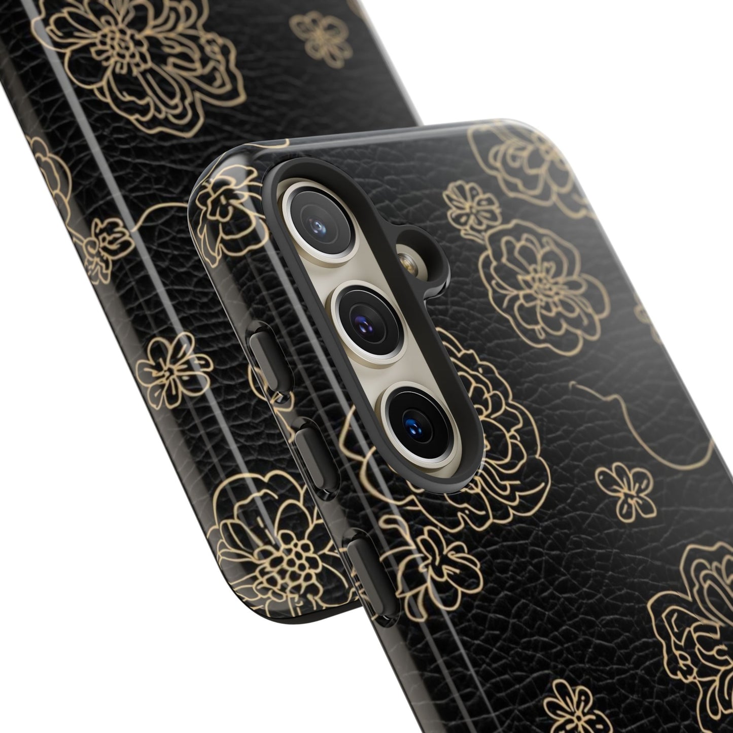 Floral Leather-Texture Tough Case – Black Gold Outline Phone Cover