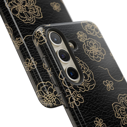 Floral Leather-Texture Tough Case – Black Gold Outline Phone Cover