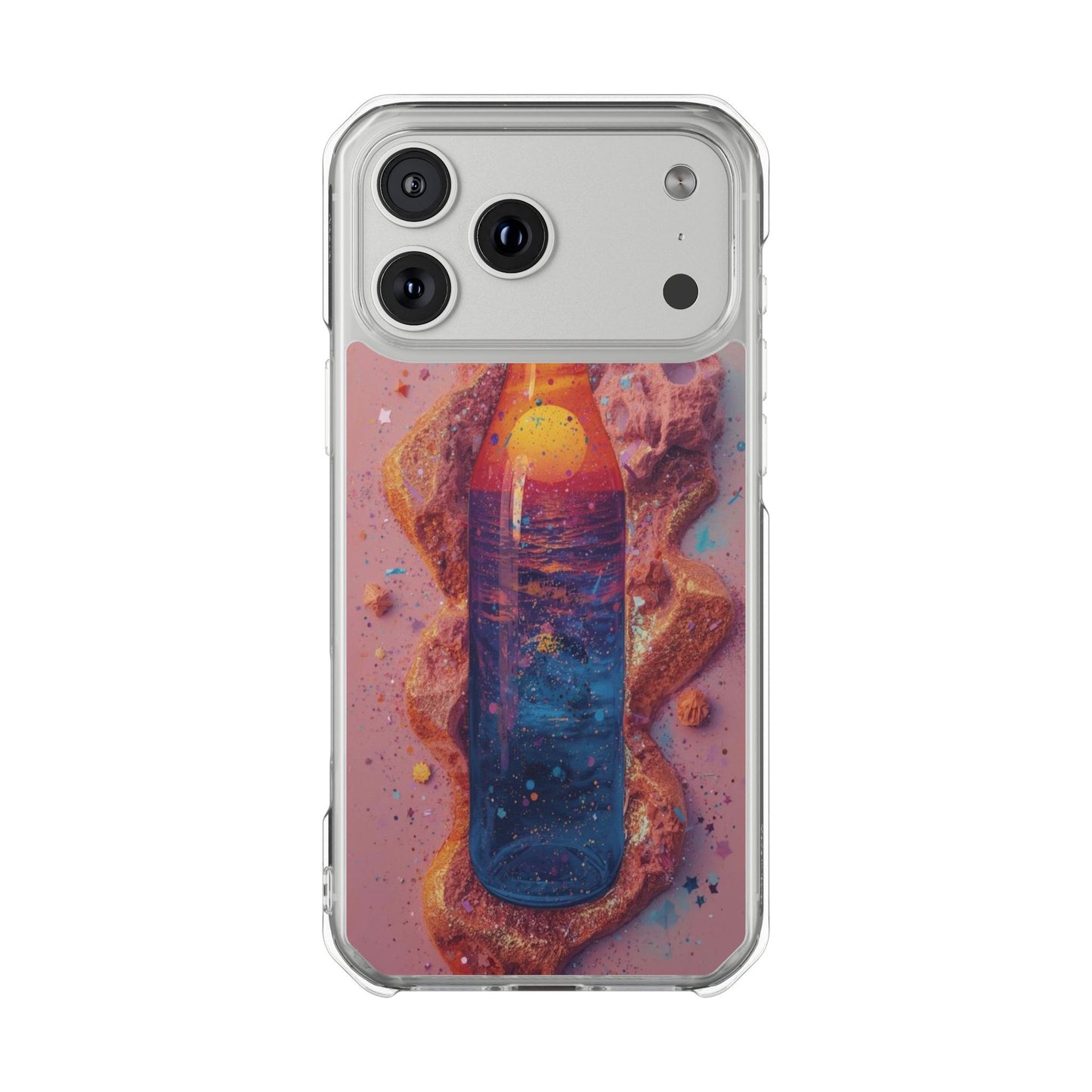 Clear Magnetic Phone Case — Cosmic Bottle Sunset Design